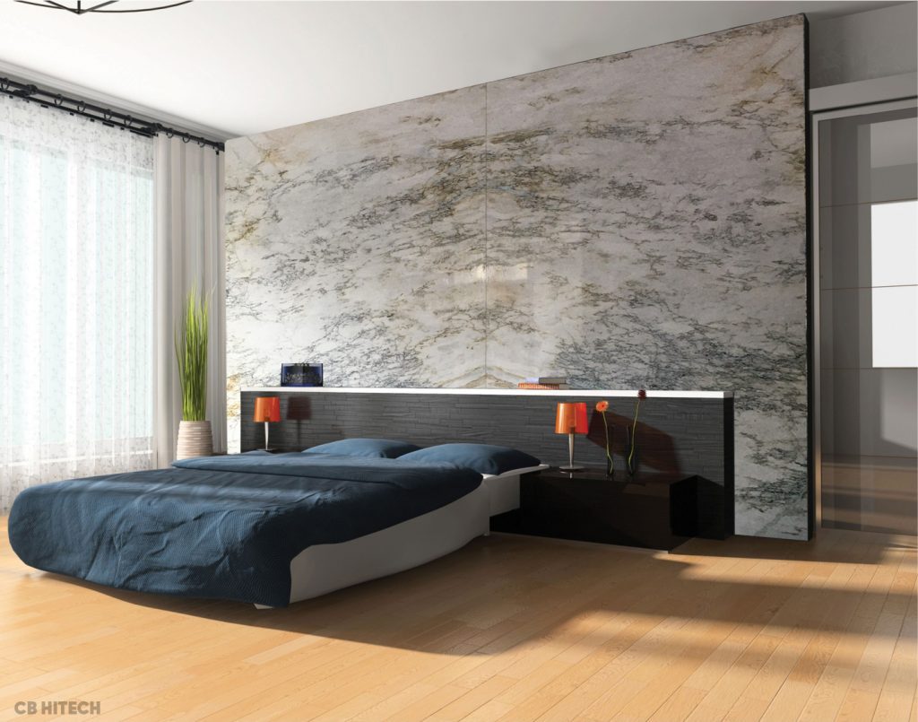 Backdrop phòng ngủ được trang trí bằng đá Đá Marble Trắng Ý với thiết kế Bookmatch.